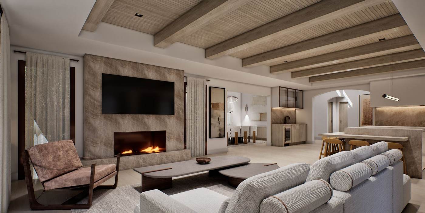 Artist rendering of the great room, fireplace, and beamed ceiling.
