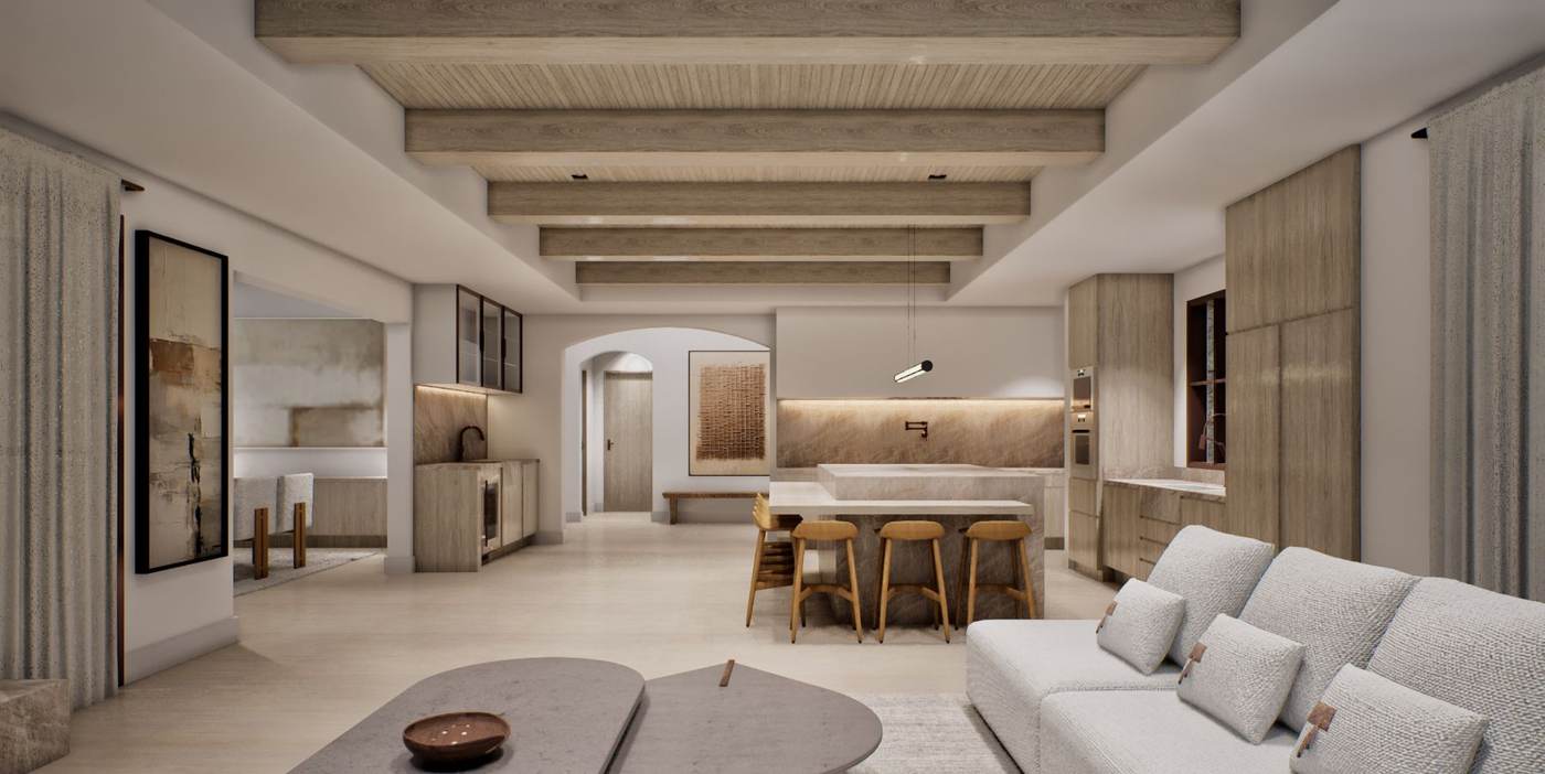 Artist rendering of the kitchen island opening to the great room.