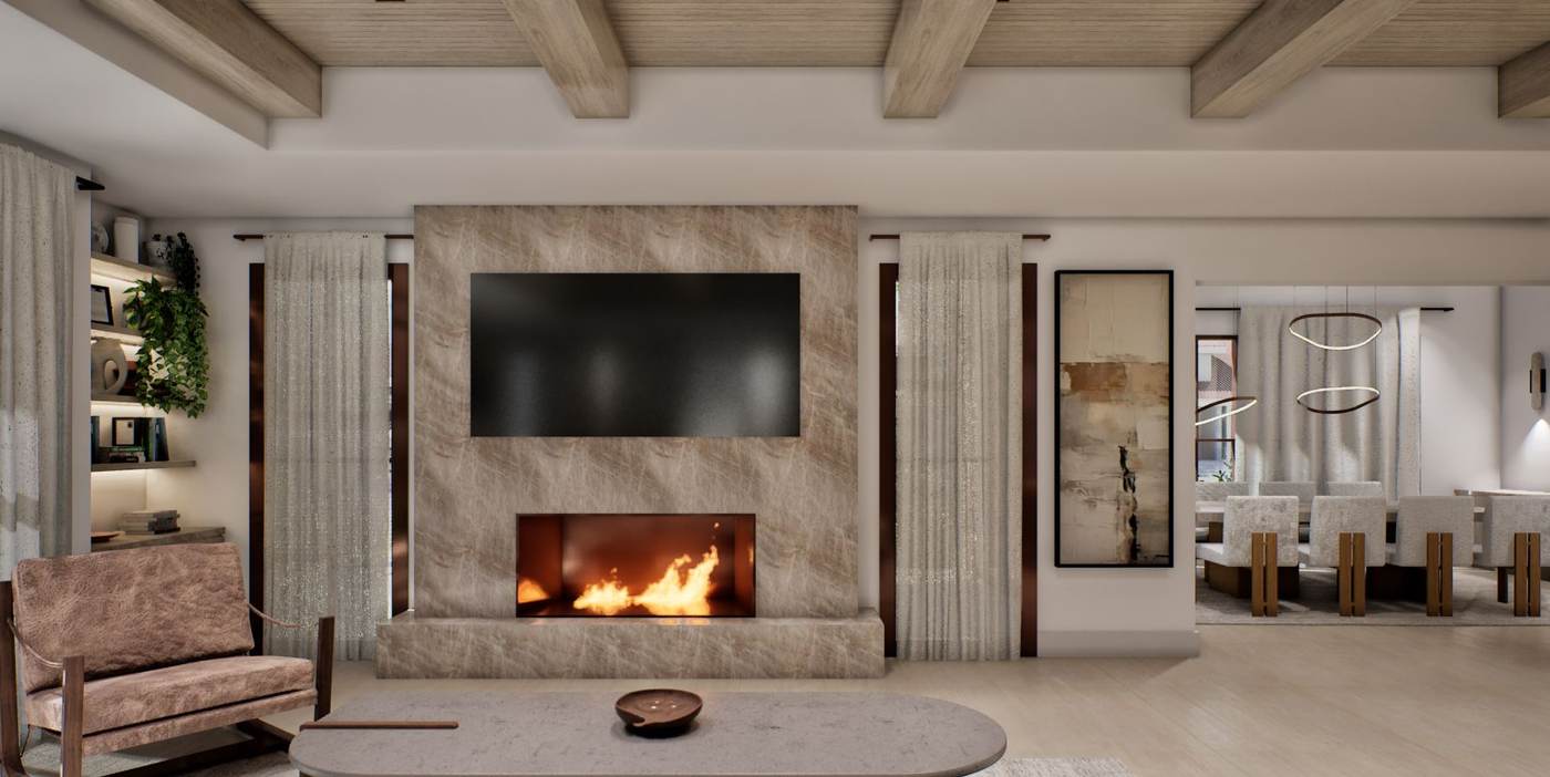 Artist rendering of the fireplace wall and dining space beyond.