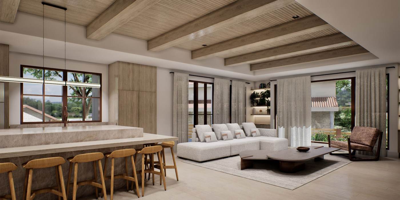 Artist rendering of the island, stools, and living area.