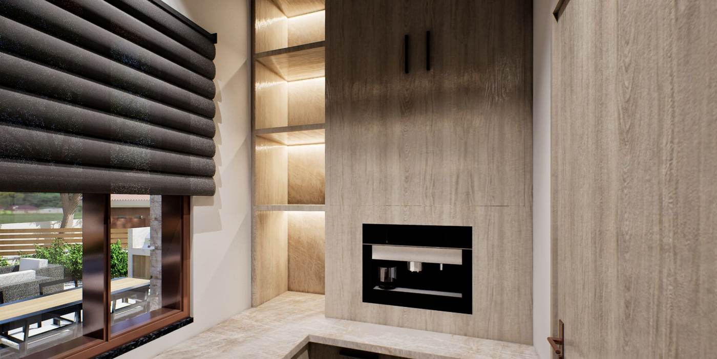 Artist rendering of a window seat beside the fireplace.