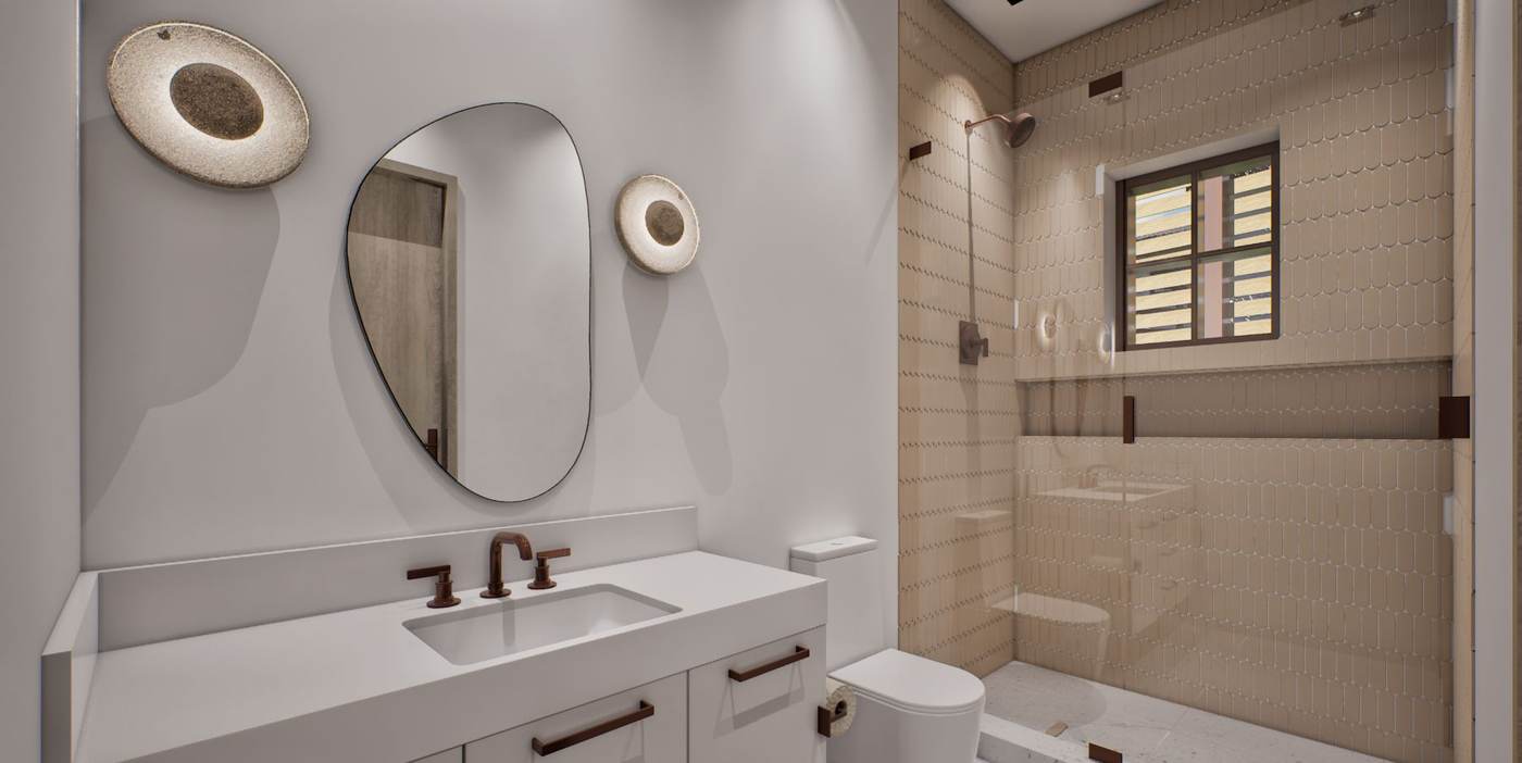Artist rendering of a bathroom.