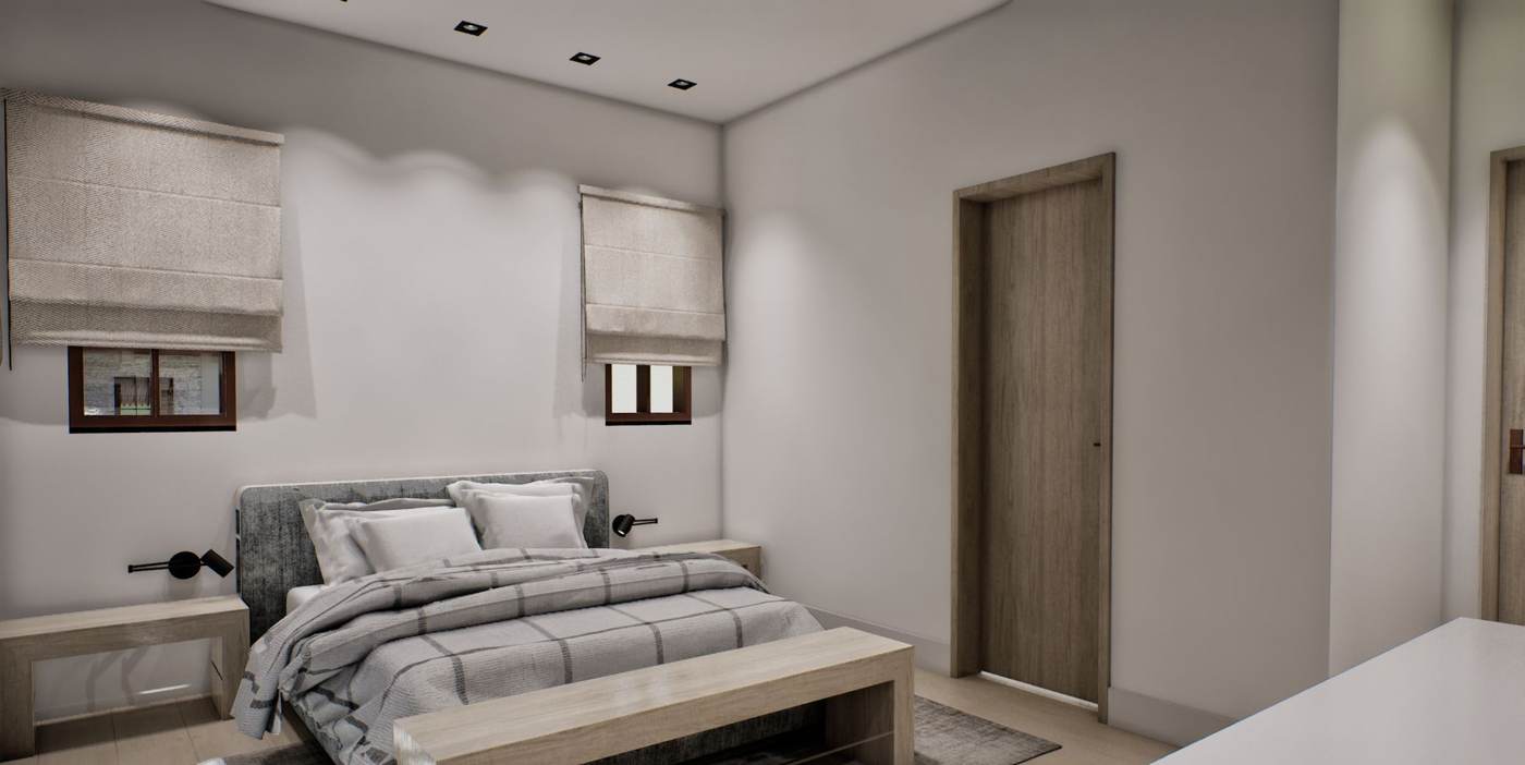Artist rendering of a bedroom with roman shades.