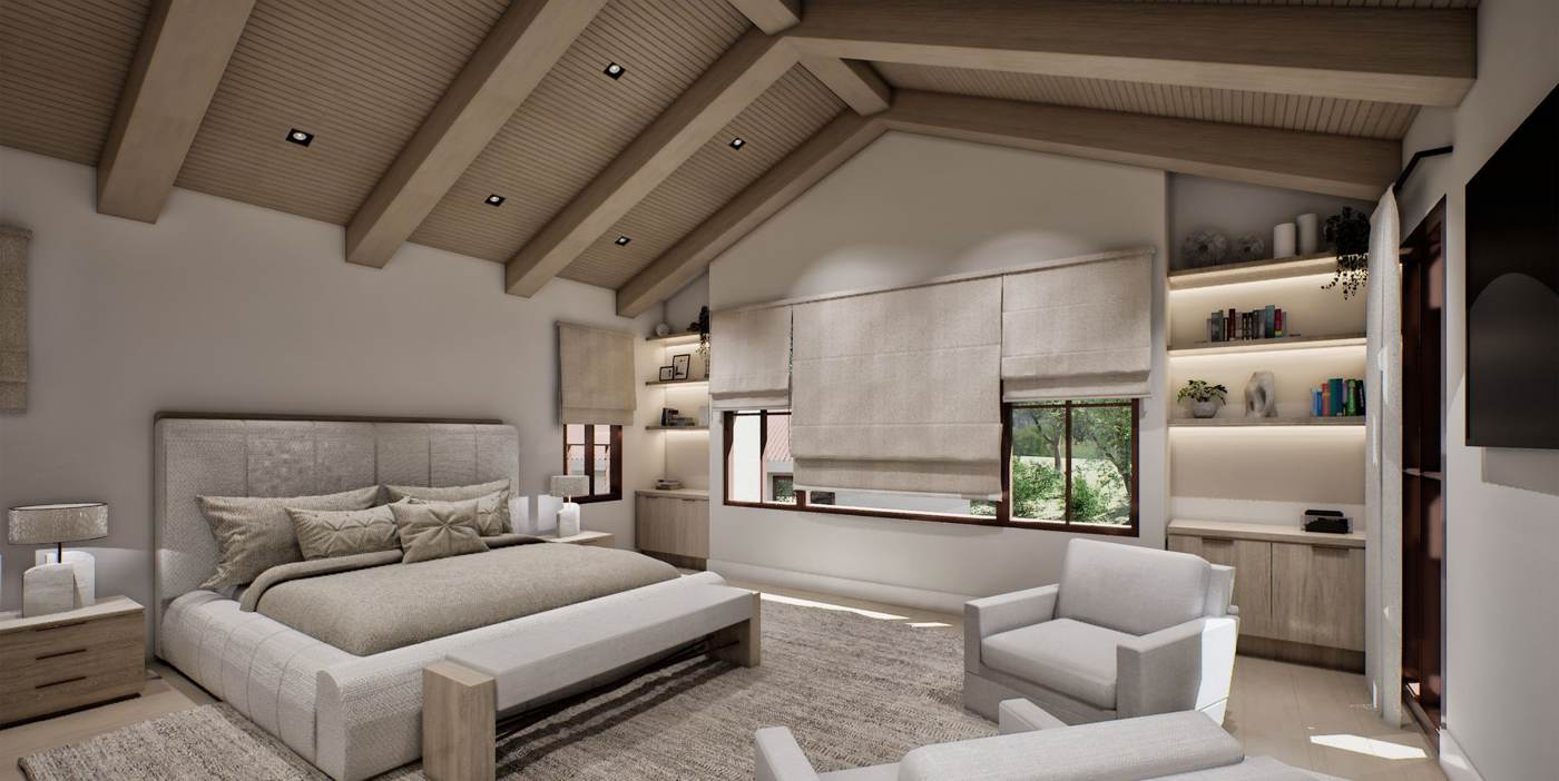Artist rendering of a beamed bedroom with a lounge chair.