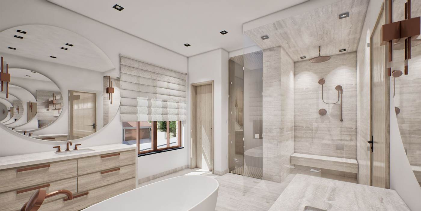 Artist rendering of a bath with large mirrors.
