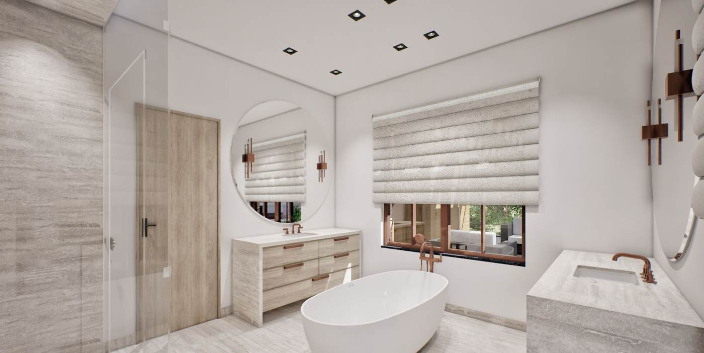Artist rendering of a bath with a freestanding tub.
