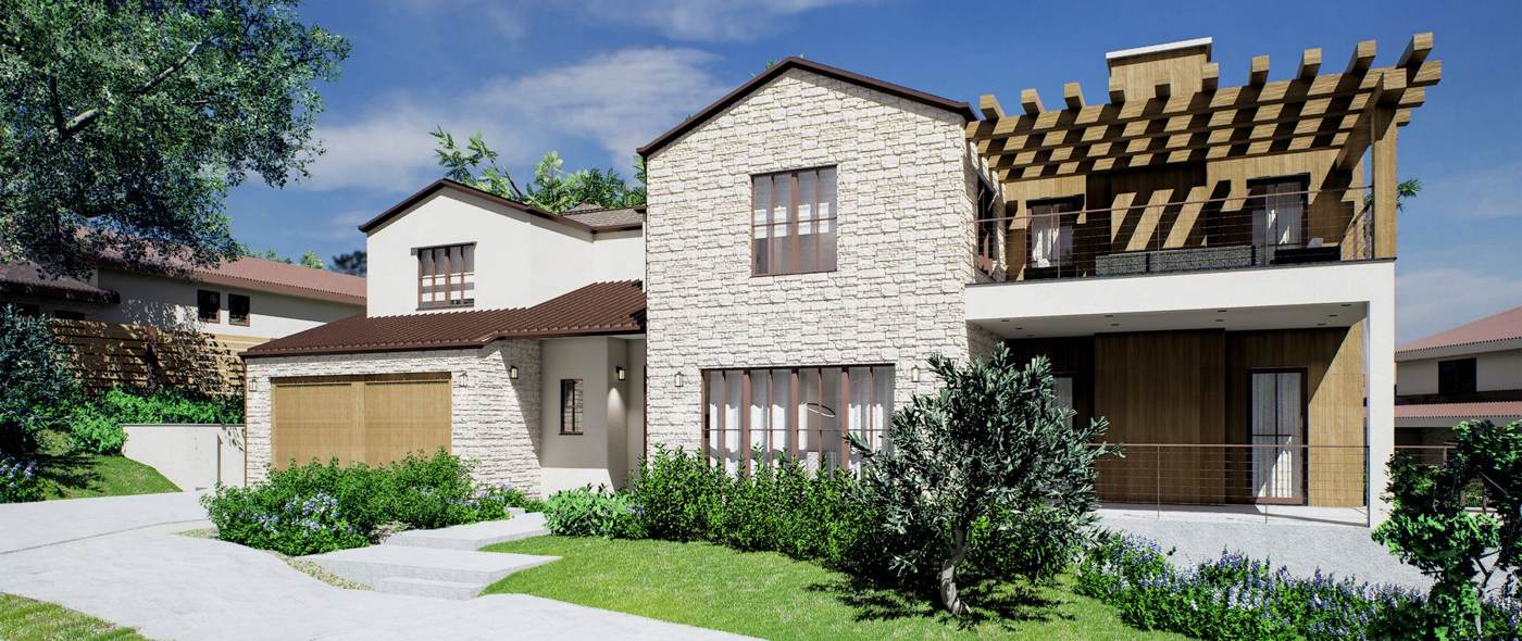 Artist rendering of the front garden, garage, and pergola.