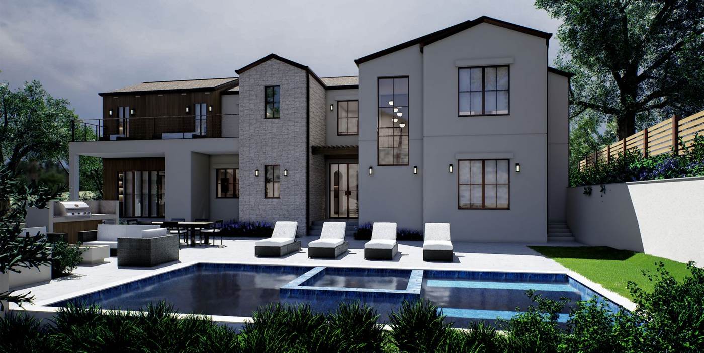Artist rendering of the rear yard with a pool.