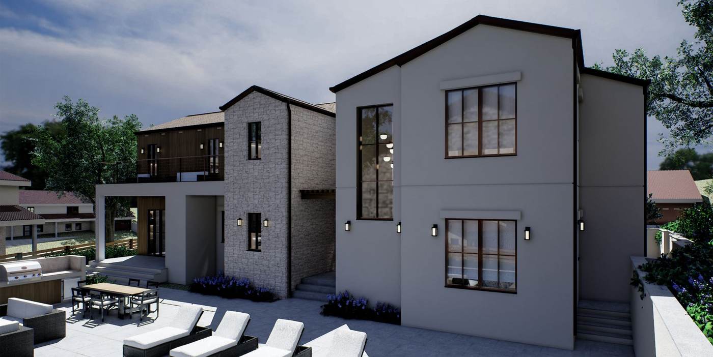 Artist rendering of the house from the front corner.
