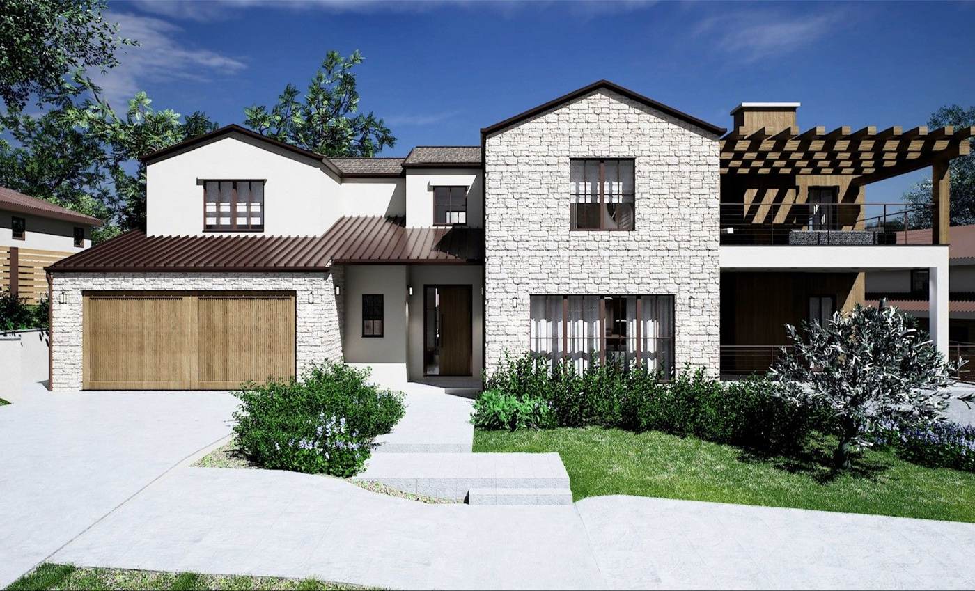 Artist rendering of the Veck Residence, a two-story stone and stucco house with a wood garage door.